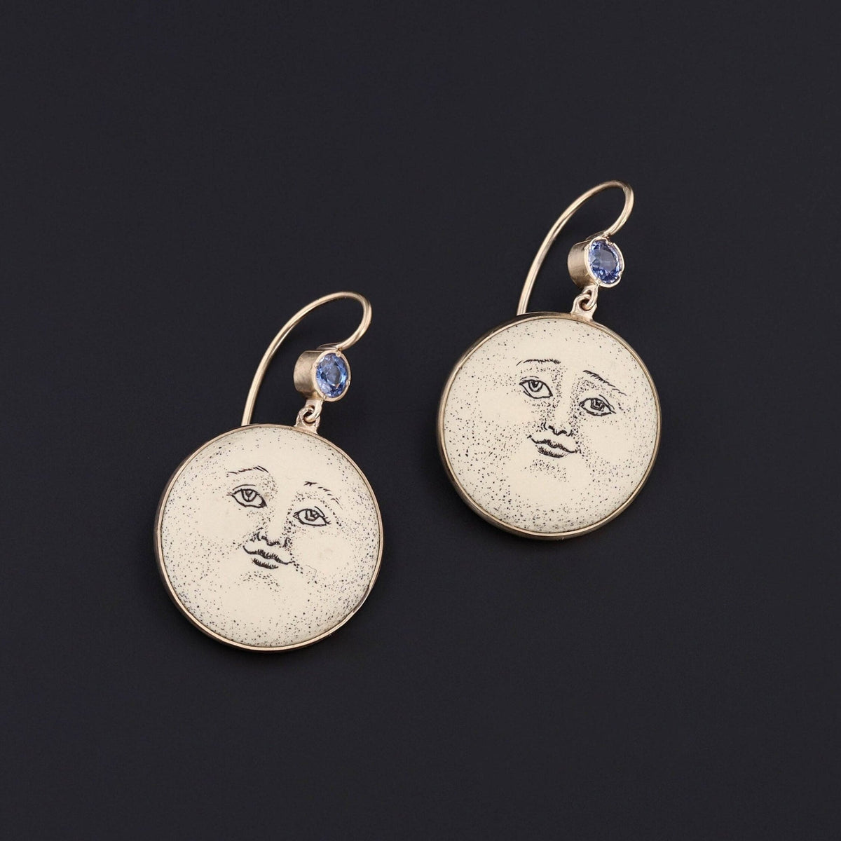 Antique Sapphire &amp; Ceramic Man in the Moon Conversion Earrings 14k Gold - Trademark Antiques