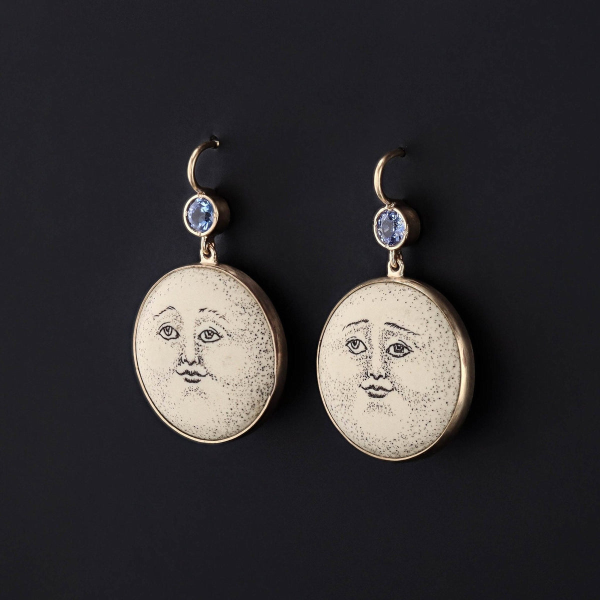 Antique Sapphire &amp; Ceramic Man in the Moon Conversion Earrings 14k Gold - Trademark Antiques