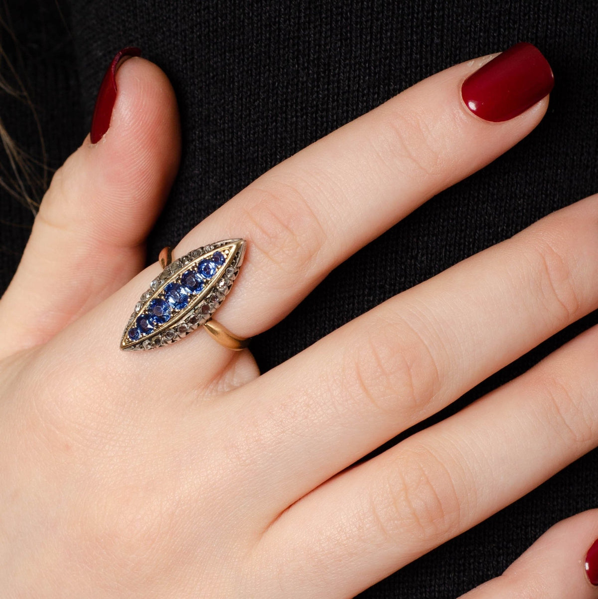 Antique Sapphire Diamond Navette Ring of 14k Gold - Trademark Antiques