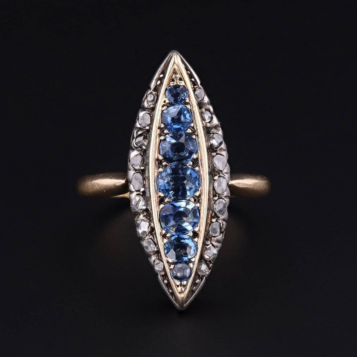 Antique Sapphire Diamond Navette Ring of 14k Gold - Trademark Antiques