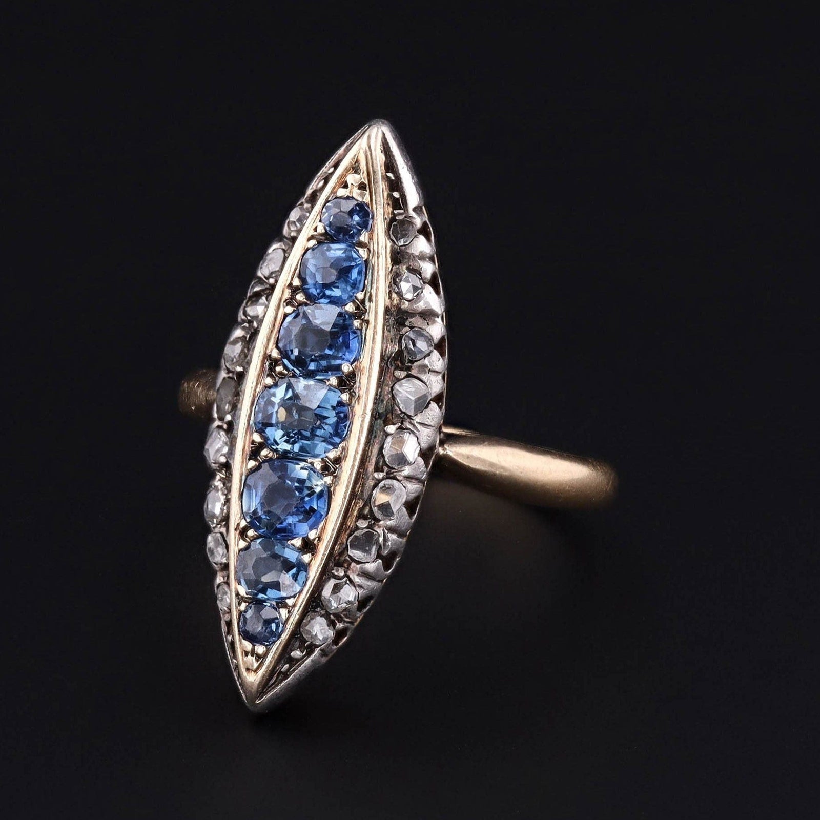 Antique Sapphire Diamond Navette Ring of 14k Gold - Trademark Antiques