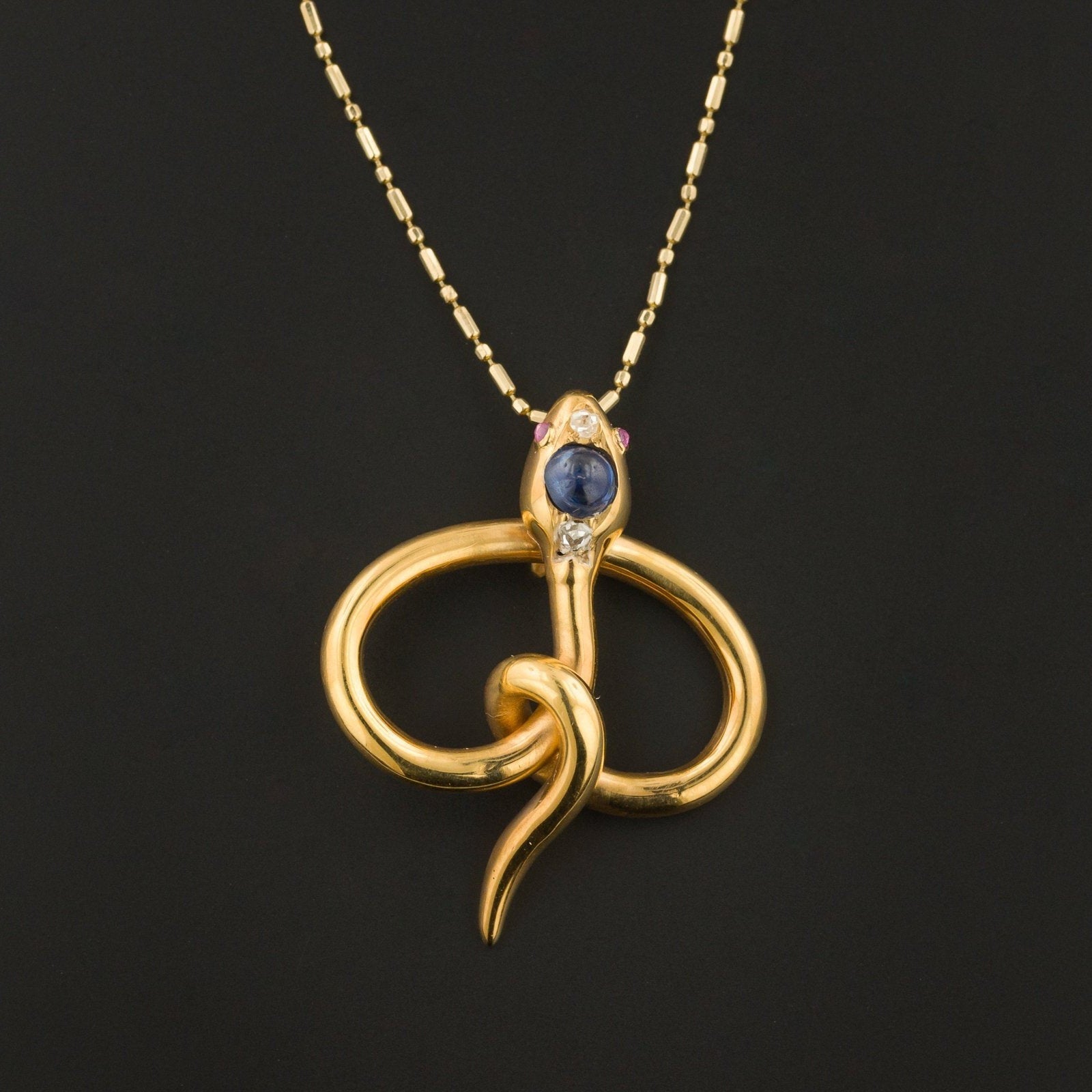 Antique Sapphire & Diamond Snake Pendant | 18k Gold Pin Conversion Pendant - Trademark Antiques