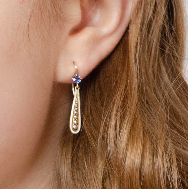 Antique Sapphire Pearl and Enamel Conversion Earrings of 14k Gold - Trademark Antiques