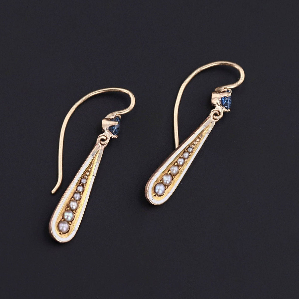 Antique Sapphire Pearl and Enamel Conversion Earrings of 14k Gold - Trademark Antiques