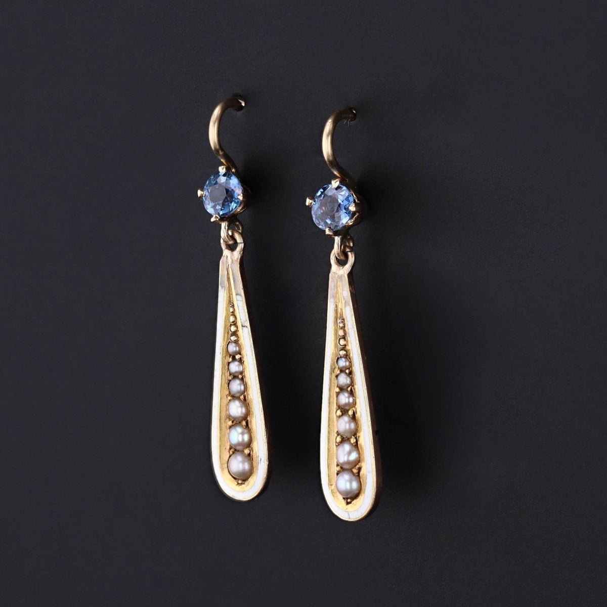 Antique Sapphire Pearl and Enamel Conversion Earrings of 14k Gold - Trademark Antiques