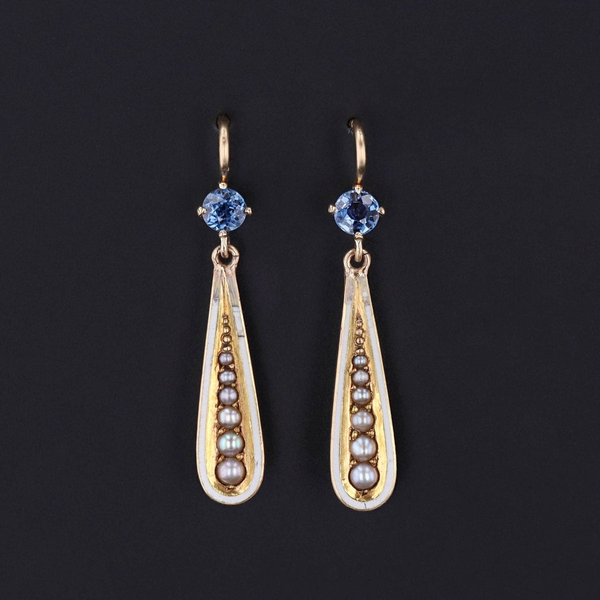 Antique Sapphire Pearl and Enamel Conversion Earrings of 14k Gold - Trademark Antiques