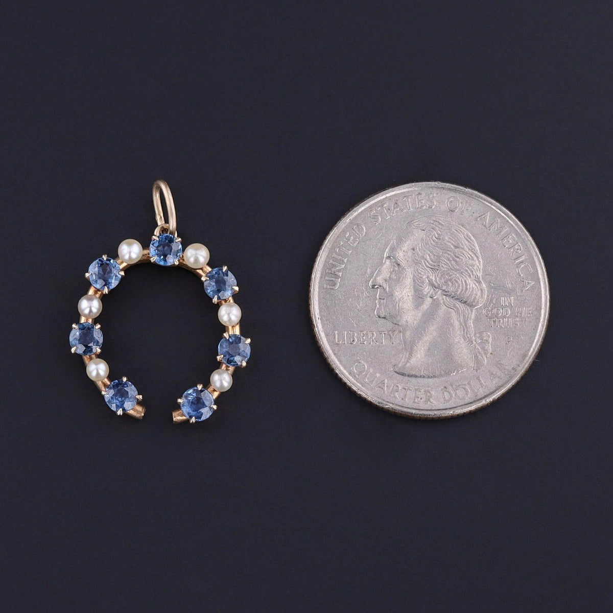 Antique Sapphire &amp; Pearl Horseshoe Pendant of 14k Gold - Trademark Antiques