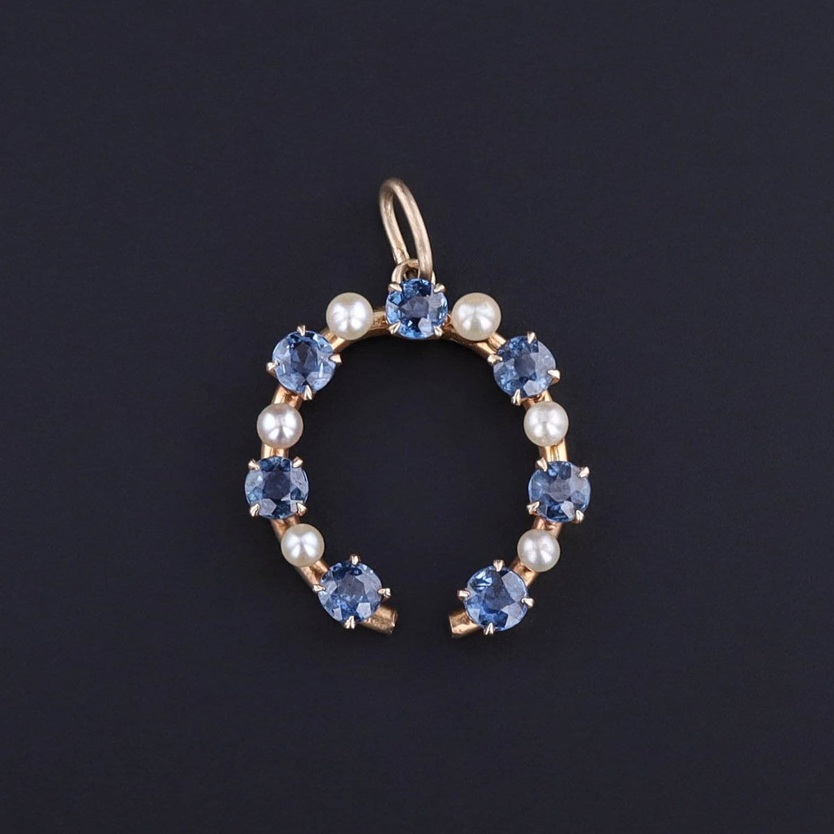 Antique Sapphire &amp; Pearl Horseshoe Pendant of 14k Gold - Trademark Antiques