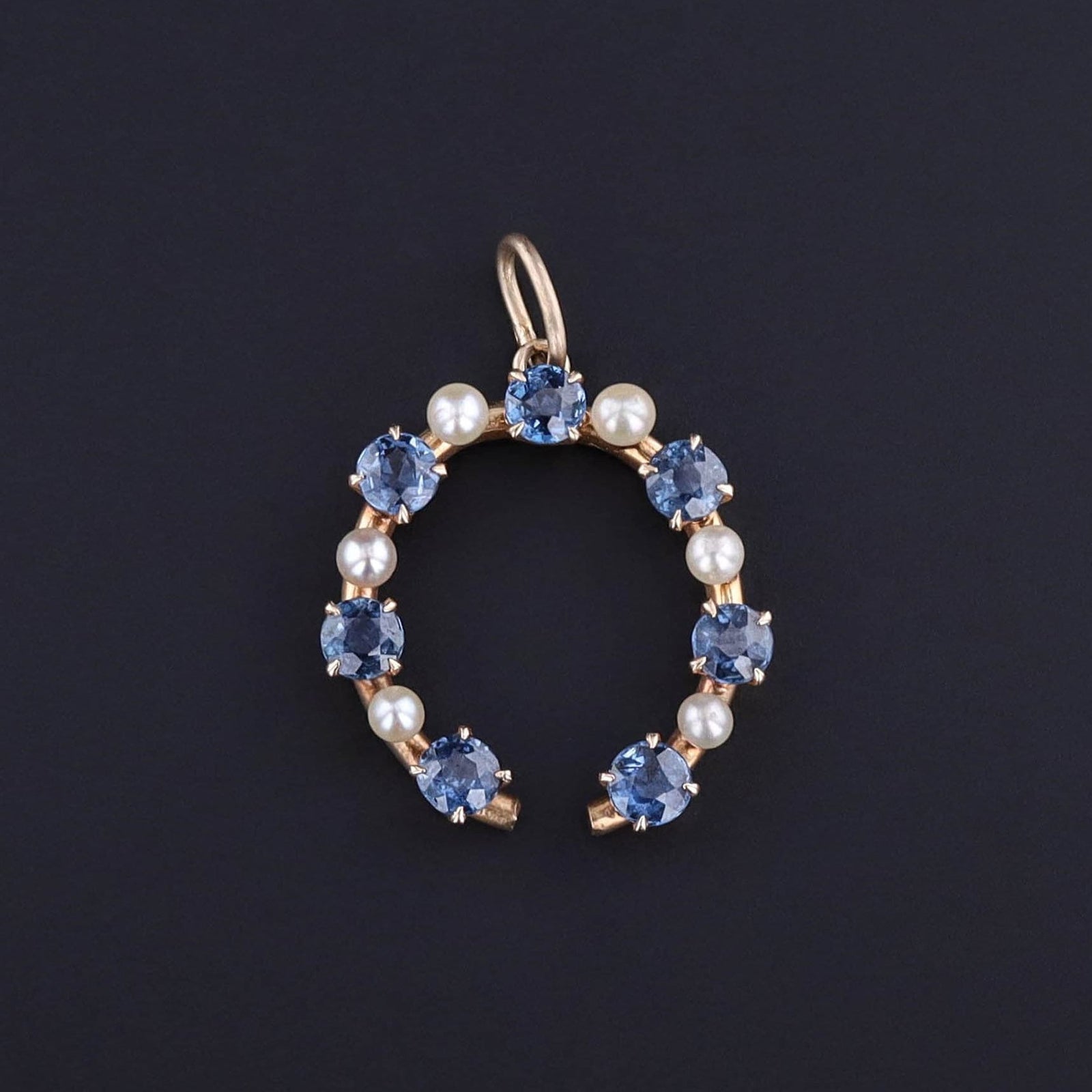 Antique Sapphire & Pearl Horseshoe Pendant of 14k Gold - Trademark Antiques