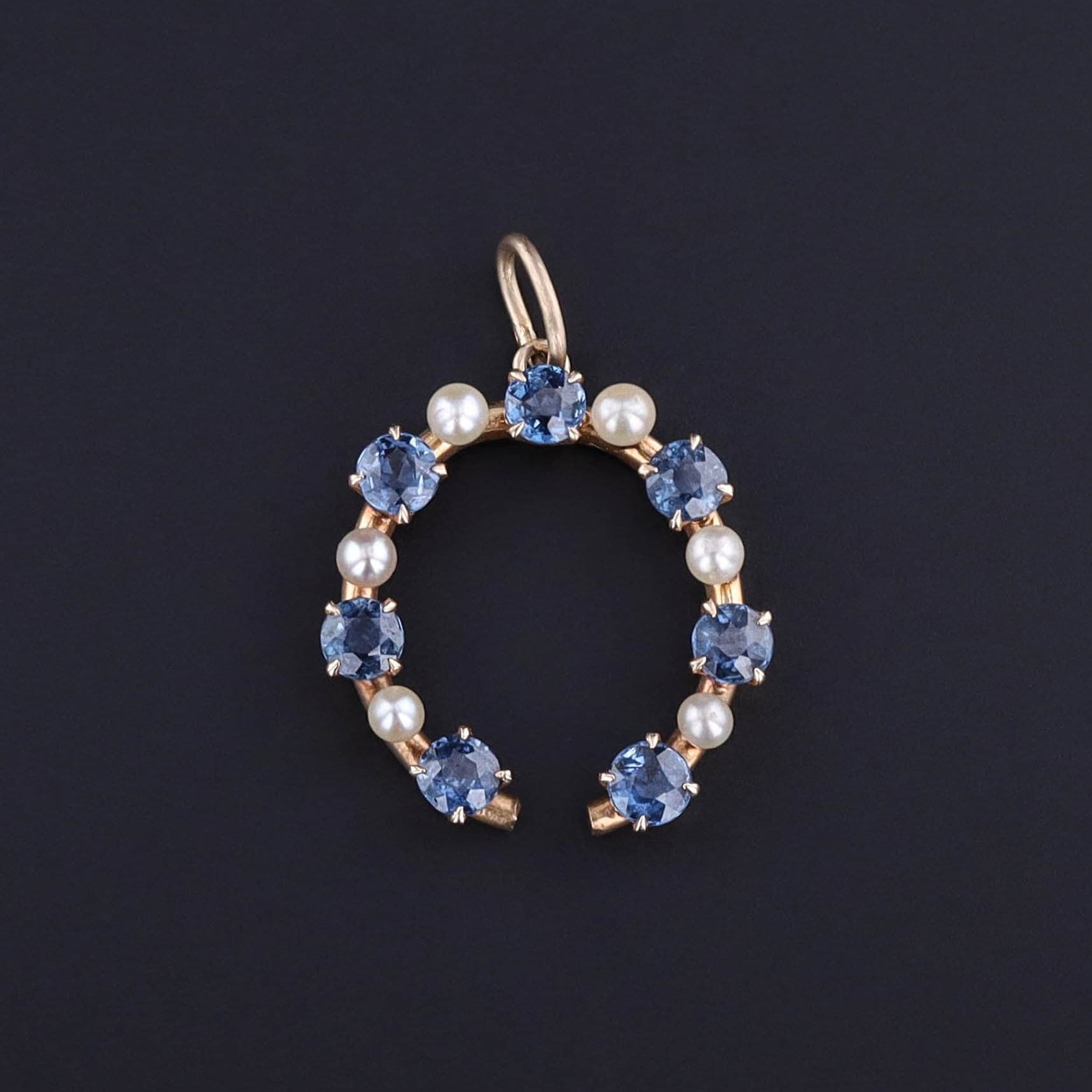 Antique Sapphire & Pearl Horseshoe Pendant of 14k Gold - Trademark Antiques