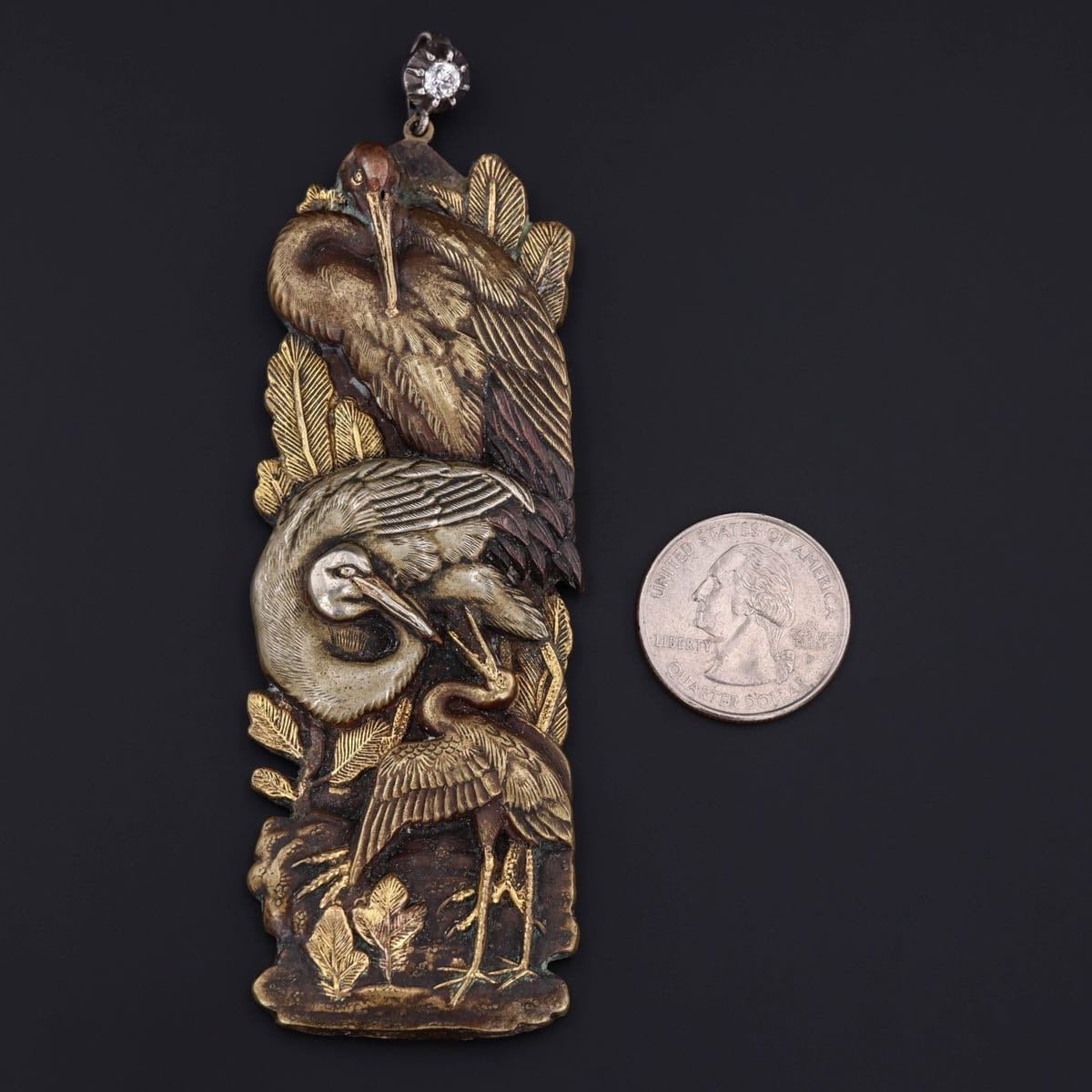 Antique Shakudo Crane Conversion Pendant - Trademark Antiques