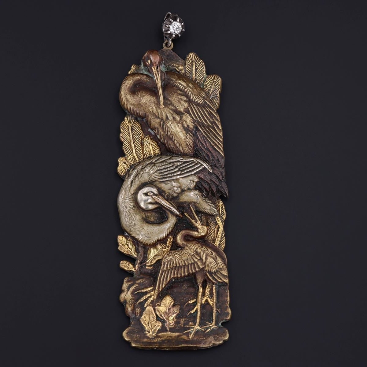 Antique Shakudo Crane Conversion Pendant - Trademark Antiques