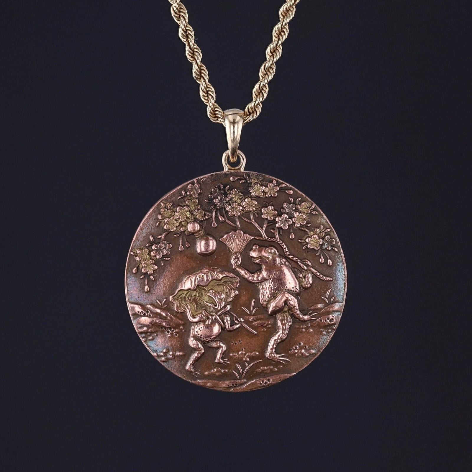 Antique Shakudo Frog Pendant Mounted in 14k Gold - Trademark Antiques