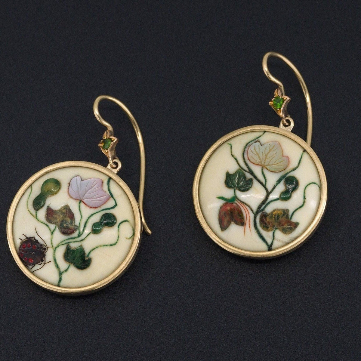 Antique Shibayama Flower Conversion Earrings in 14k Gold - Trademark Antiques