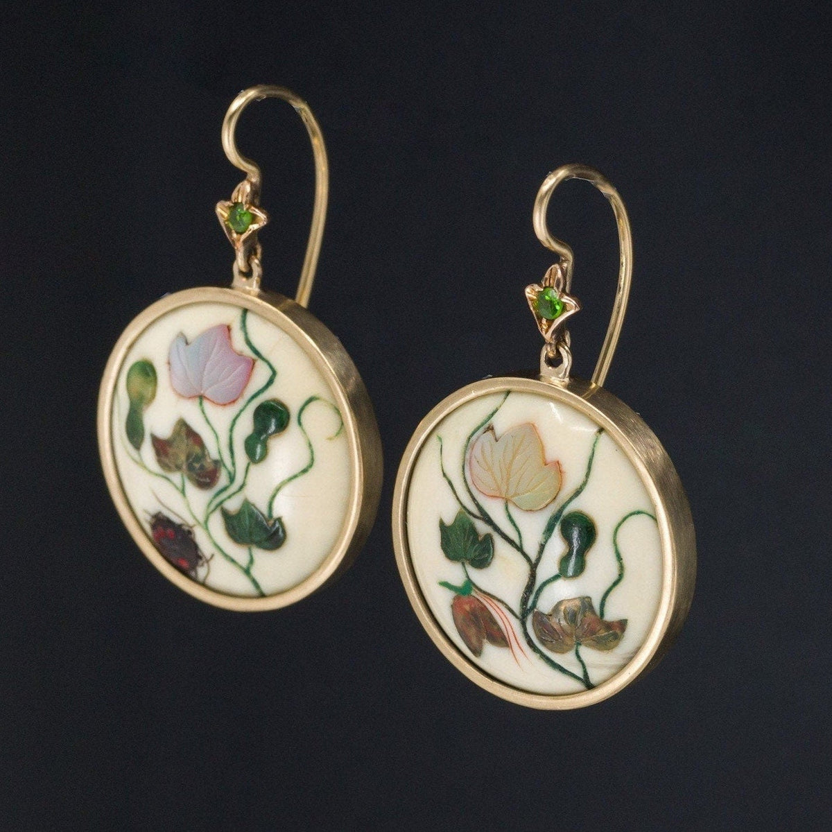 Antique Shibayama Flower Conversion Earrings in 14k Gold - Trademark Antiques