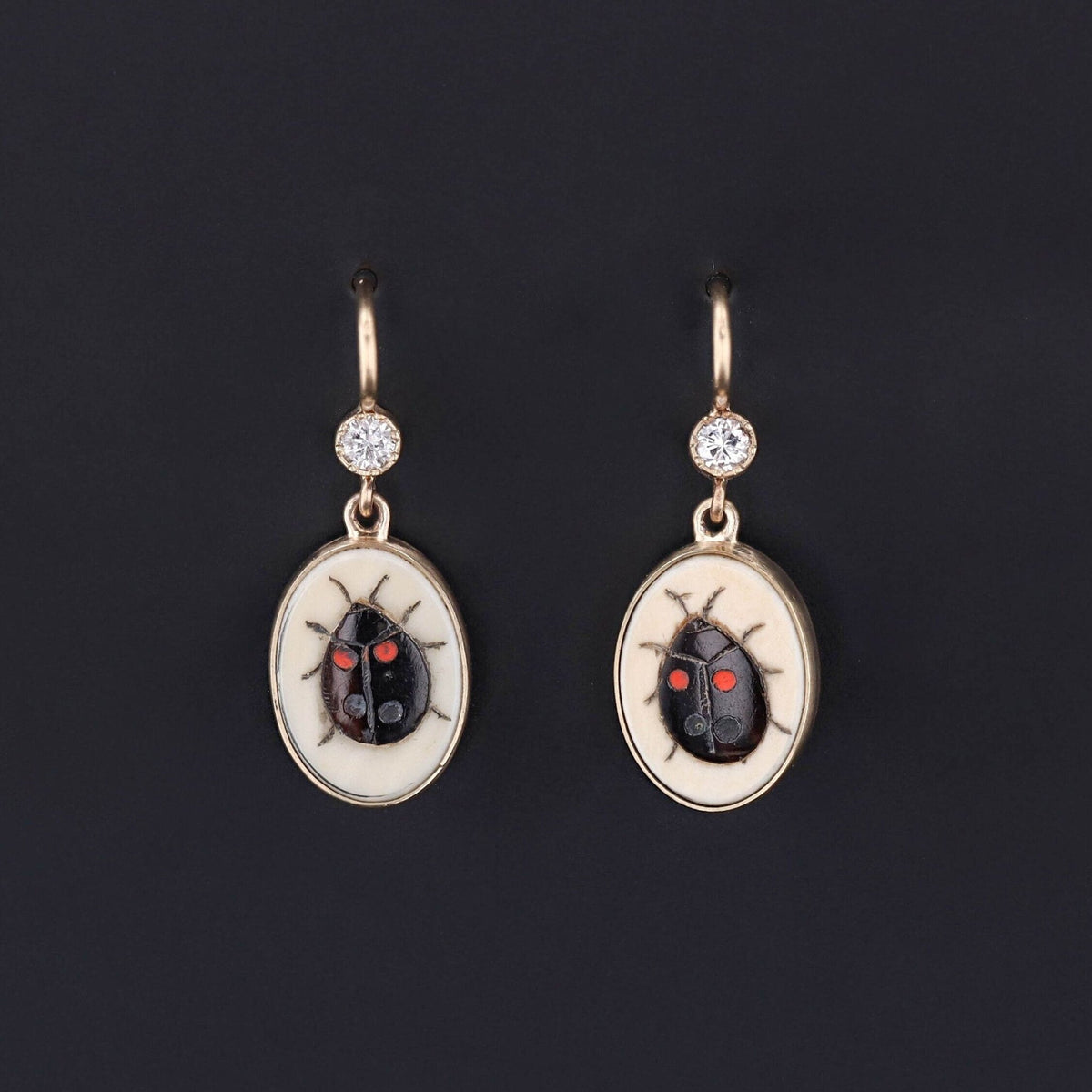 Antique Shibayama Ladybug Earrings of 14k Gold - Trademark Antiques