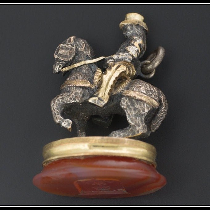 Antique Silver &amp; Agate Fob or Pendant, Victorian Horse Rider Fob with Carved Intaglio - Trademark Antiques