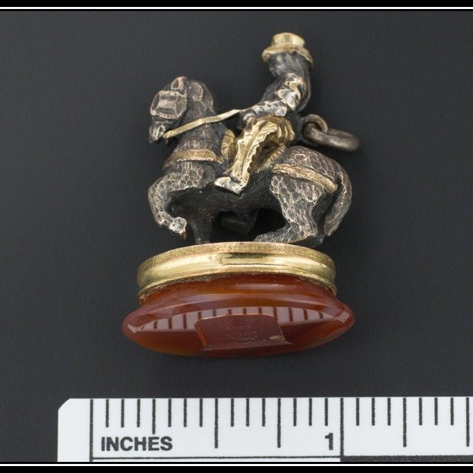 Antique Silver &amp; Agate Fob or Pendant, Victorian Horse Rider Fob with Carved Intaglio - Trademark Antiques