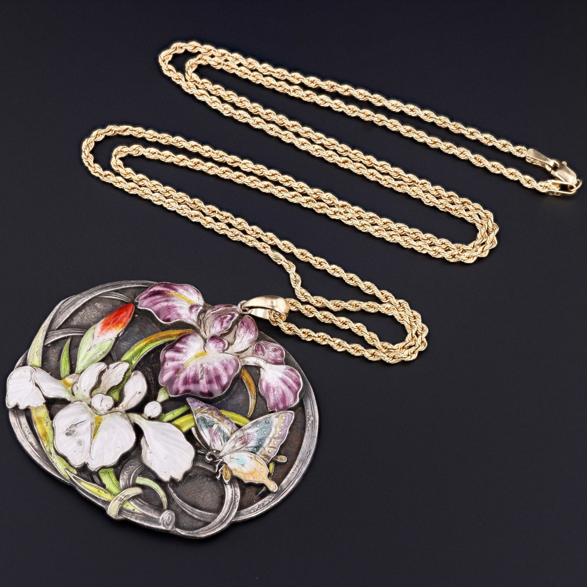 Antique Silver and Enamel Iris Flower Conversion Pendant - Trademark Antiques
