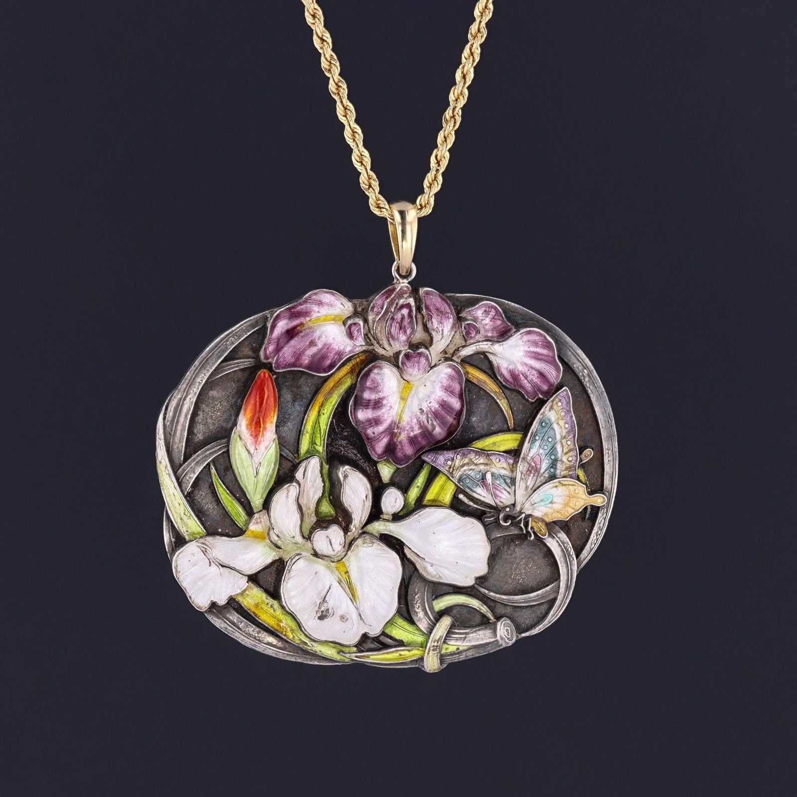Antique Silver and Enamel Iris Flower Conversion Pendant - Trademark Antiques