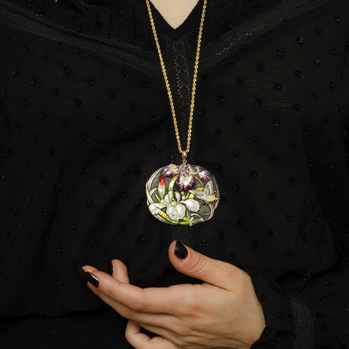 Antique Silver and Enamel Iris Flower Conversion Pendant - Trademark Antiques