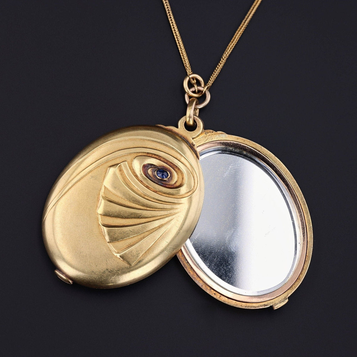 Antique Sliding Mirror Pendant Necklace | 14k Gold &amp; Sapphire - Trademark Antiques