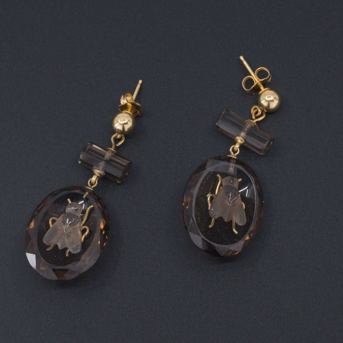 Antique Smokey Quartz Fly Earrings | Antique Earrings - Trademark Antiques