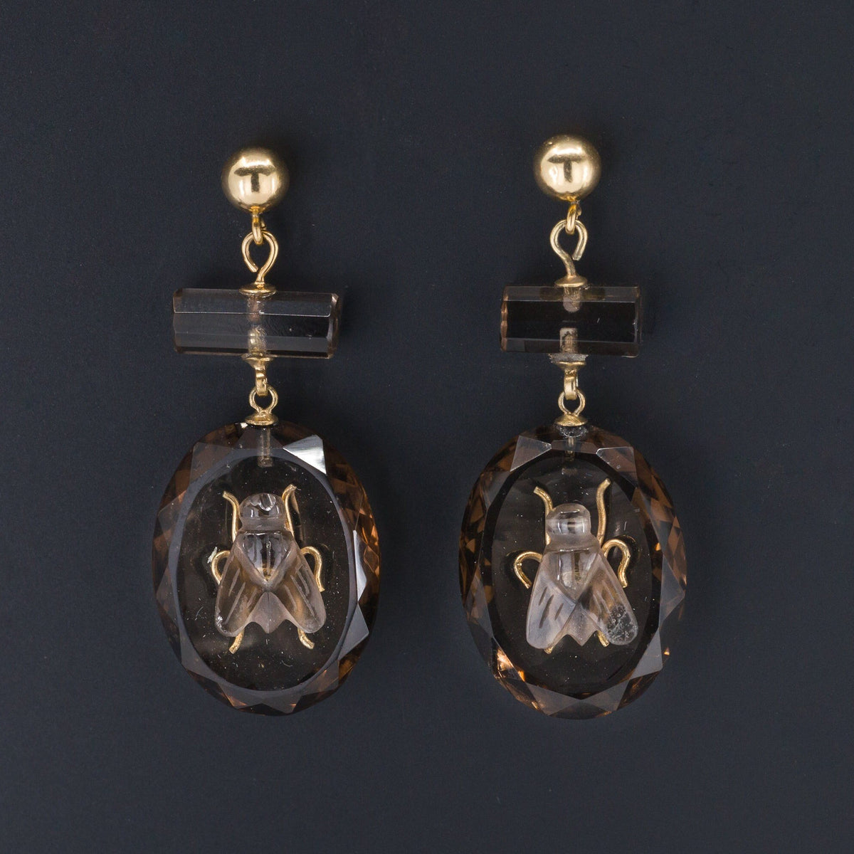 Antique Smokey Quartz Fly Earrings | Antique Earrings - Trademark Antiques