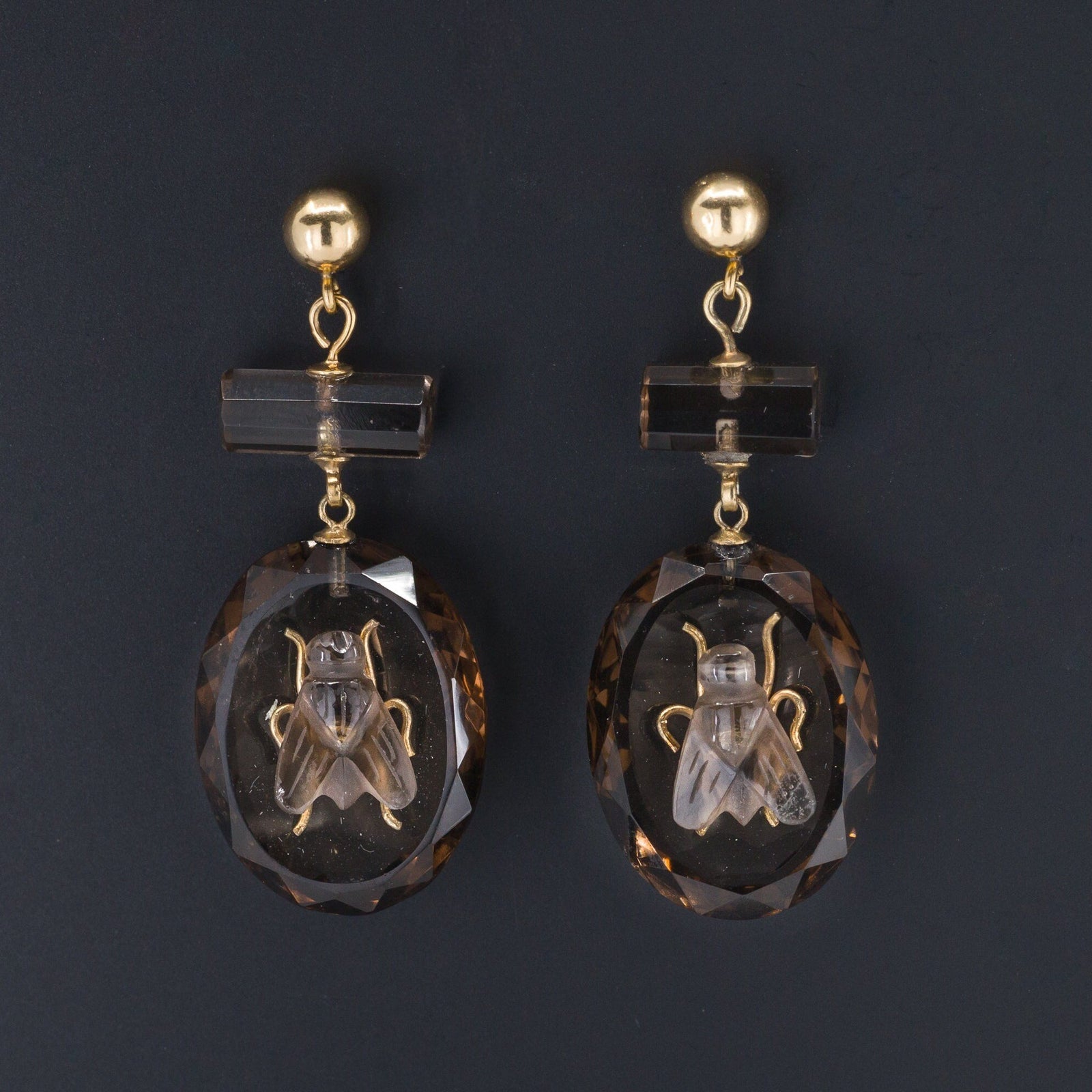 Antique Smokey Quartz Fly Earrings | Antique Earrings - Trademark Antiques