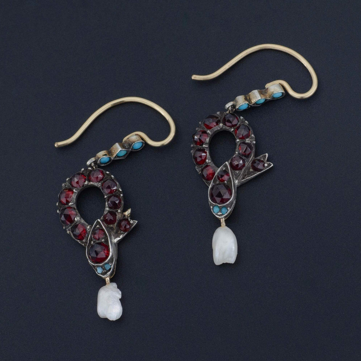 Antique Snake Earrings | Garnet &amp; Turquoise Snake Earrings - Trademark Antiques