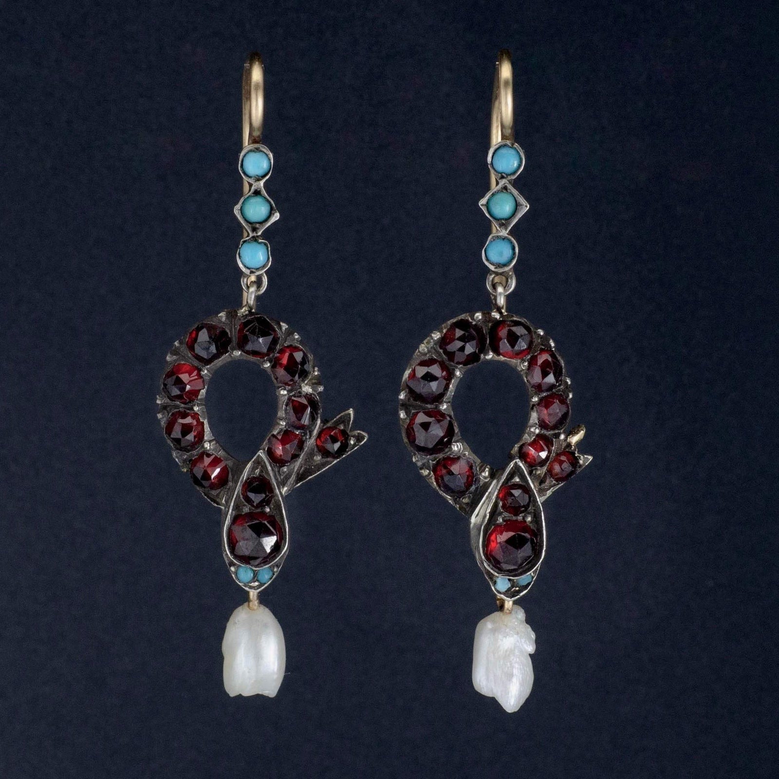Antique Snake Earrings | Garnet & Turquoise Snake Earrings - Trademark Antiques
