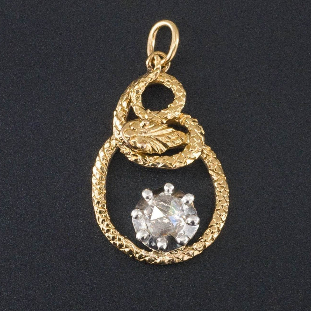 Antique Snake Pendant | 14k Gold &amp; Rose Cut Diamond Snake Pendant or Charm - Trademark Antiques
