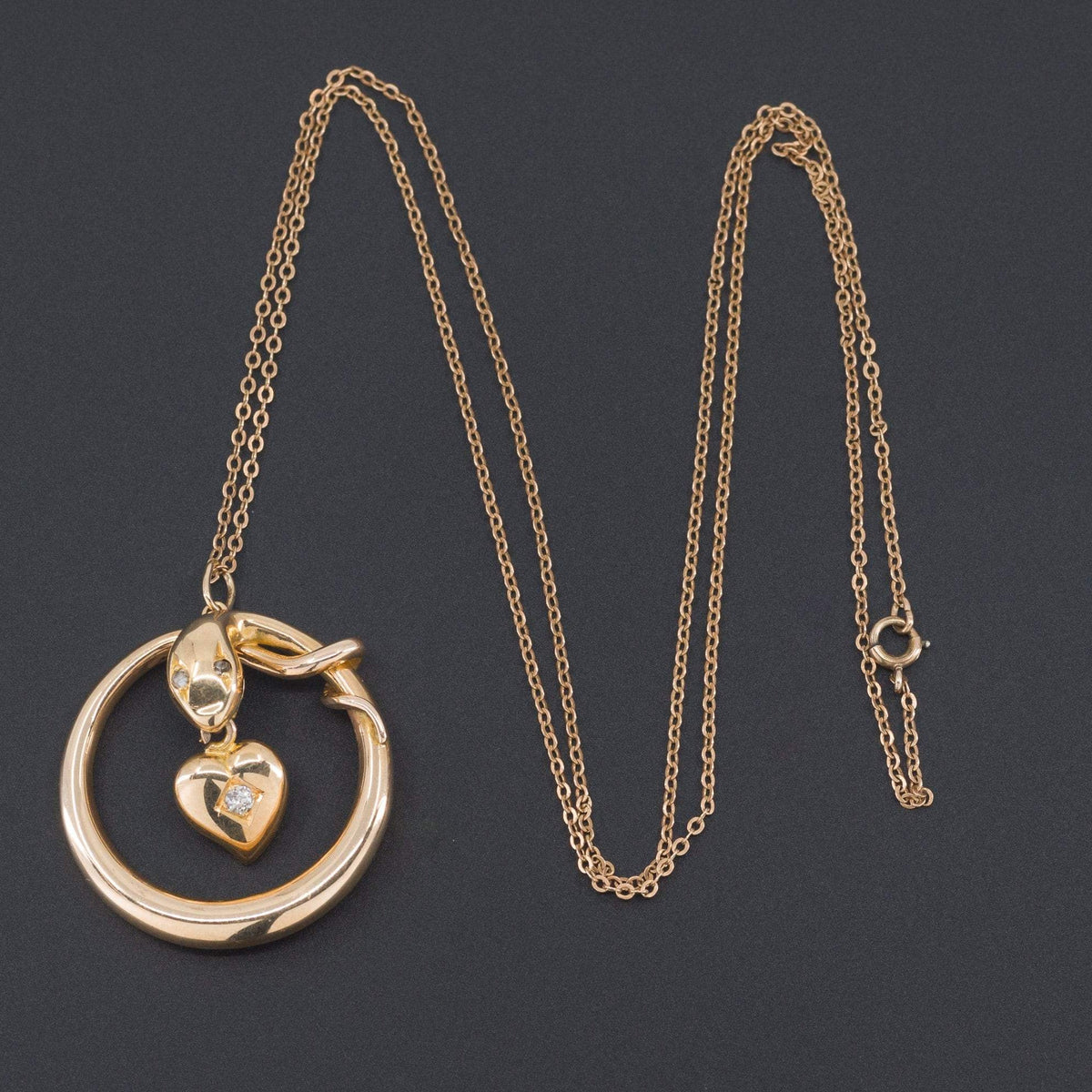 Antique Snake Pendant | 14k Gold Snake with Diamond Heart - Trademark Antiques