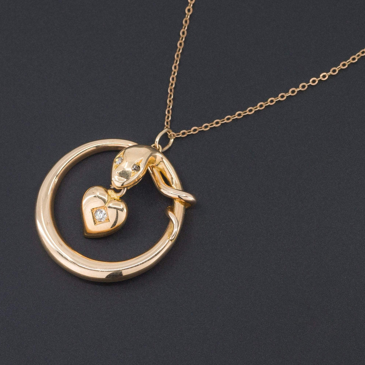 Antique Snake Pendant | 14k Gold Snake with Diamond Heart - Trademark Antiques