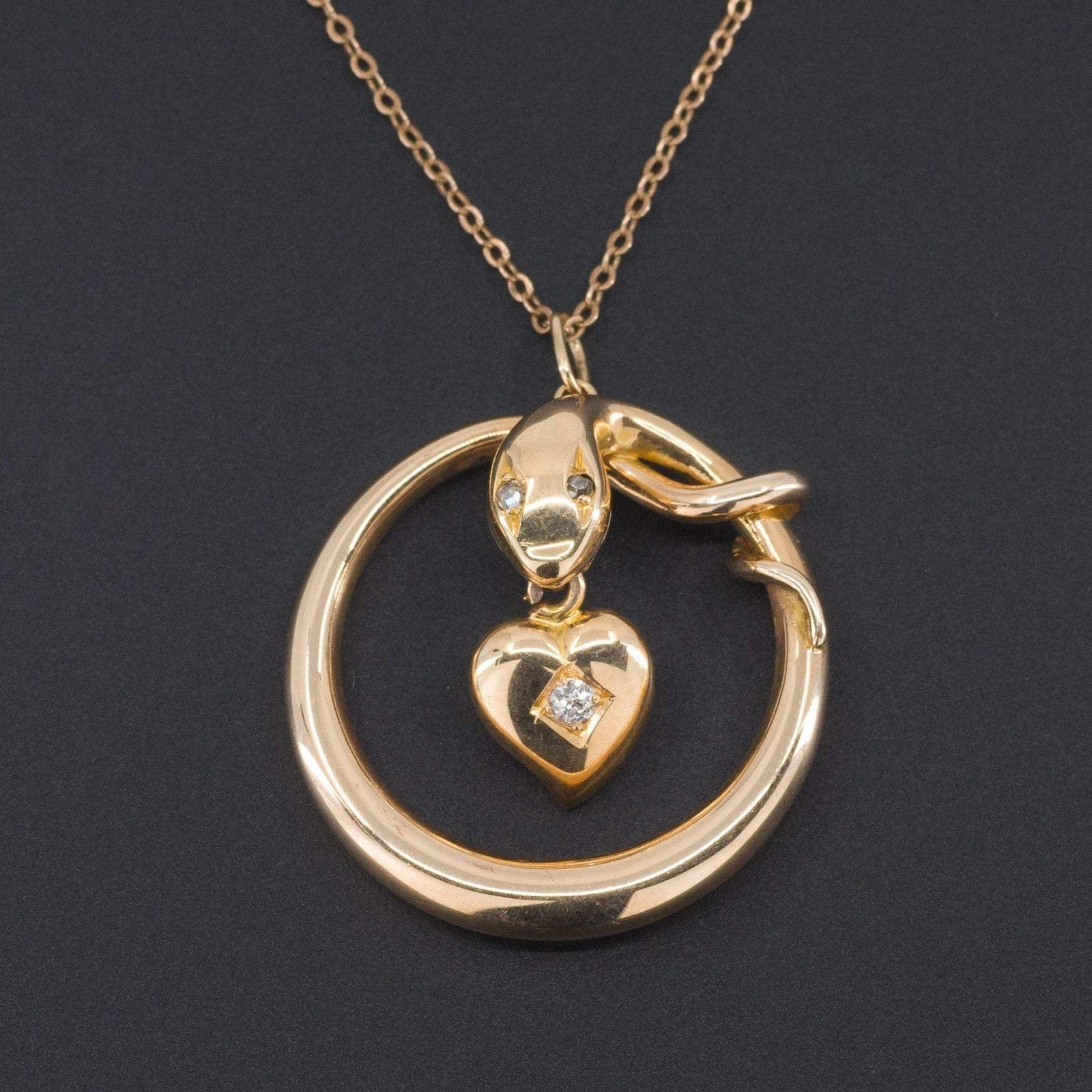 Antique Snake Pendant | 14k Gold Snake with Diamond Heart - Trademark Antiques