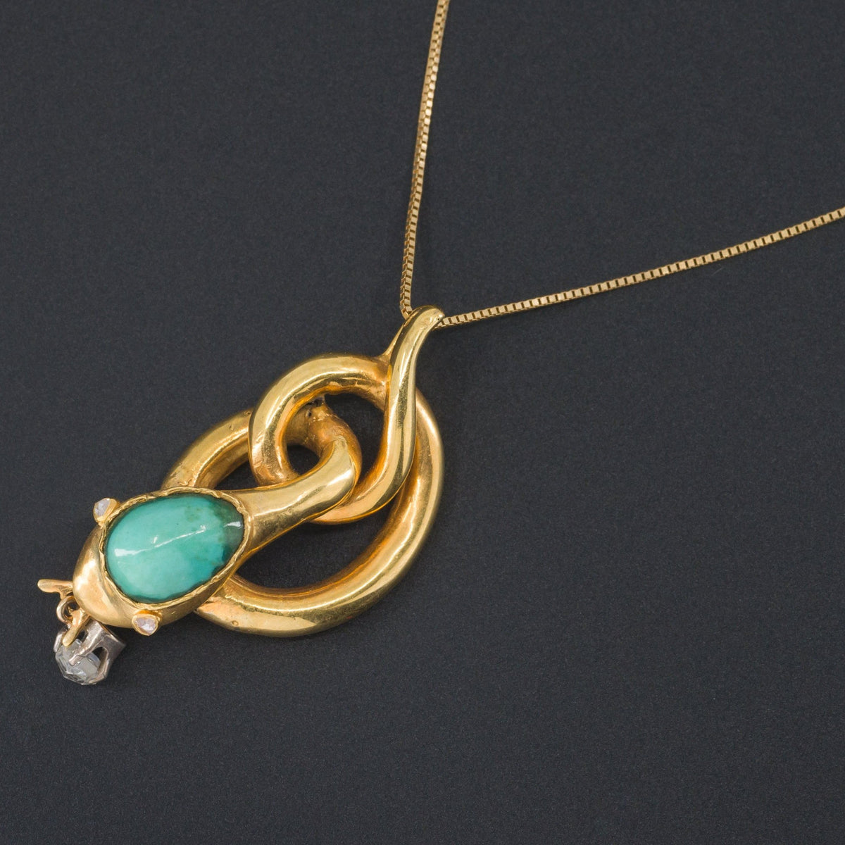 Antique Snake Pendant | 14k Gold Turquoise &amp; Diamond Snake - Trademark Antiques