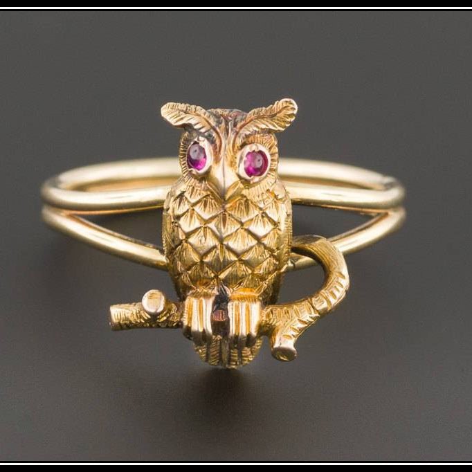 Antique Stick Pin Conversion Ring | 14k Owl on 10k Gold Band - Trademark Antiques