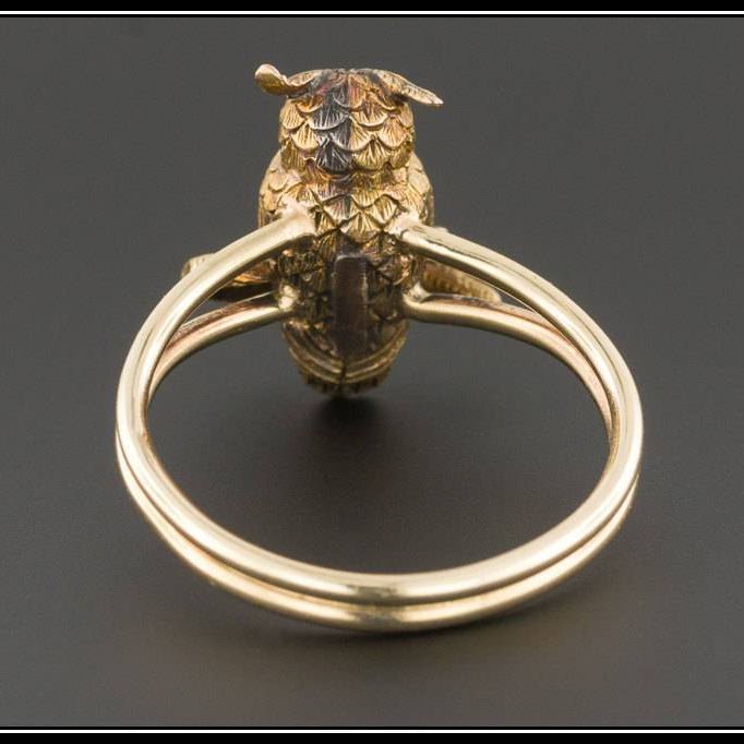 Antique Stick Pin Conversion Ring | 14k Owl on 10k Gold Band - Trademark Antiques