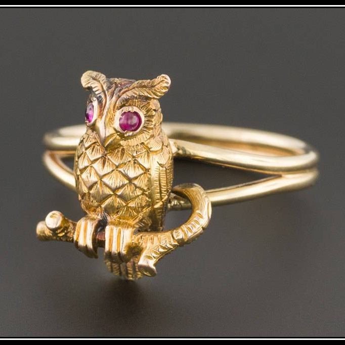Antique Stick Pin Conversion Ring | 14k Owl on 10k Gold Band - Trademark Antiques