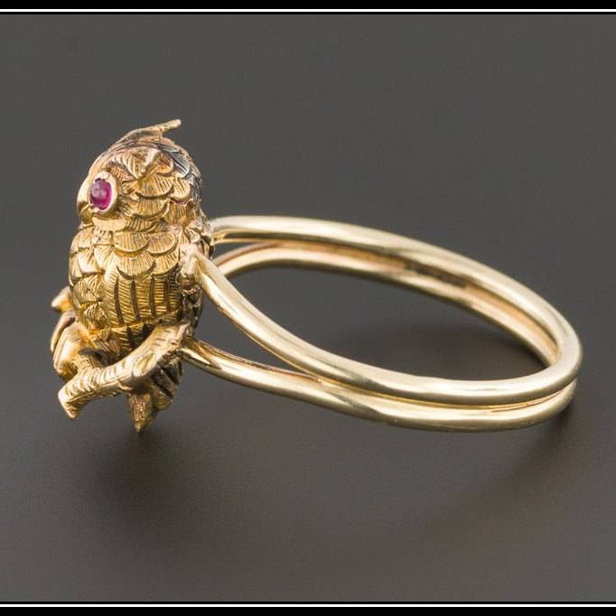 Antique Stick Pin Conversion Ring | 14k Owl on 10k Gold Band - Trademark Antiques