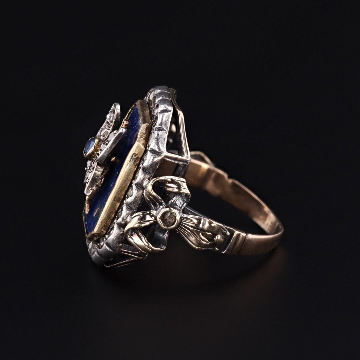 Antique Stick Pin Conversion Ring | Lapis and Diamond with Butterfly Ring - Trademark Antiques