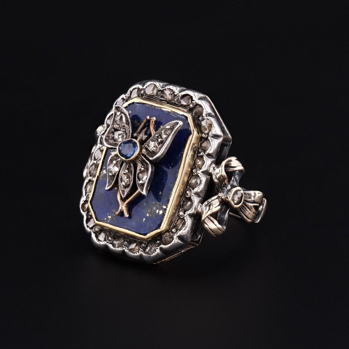 Antique Stick Pin Conversion Ring | Lapis and Diamond with Butterfly Ring - Trademark Antiques