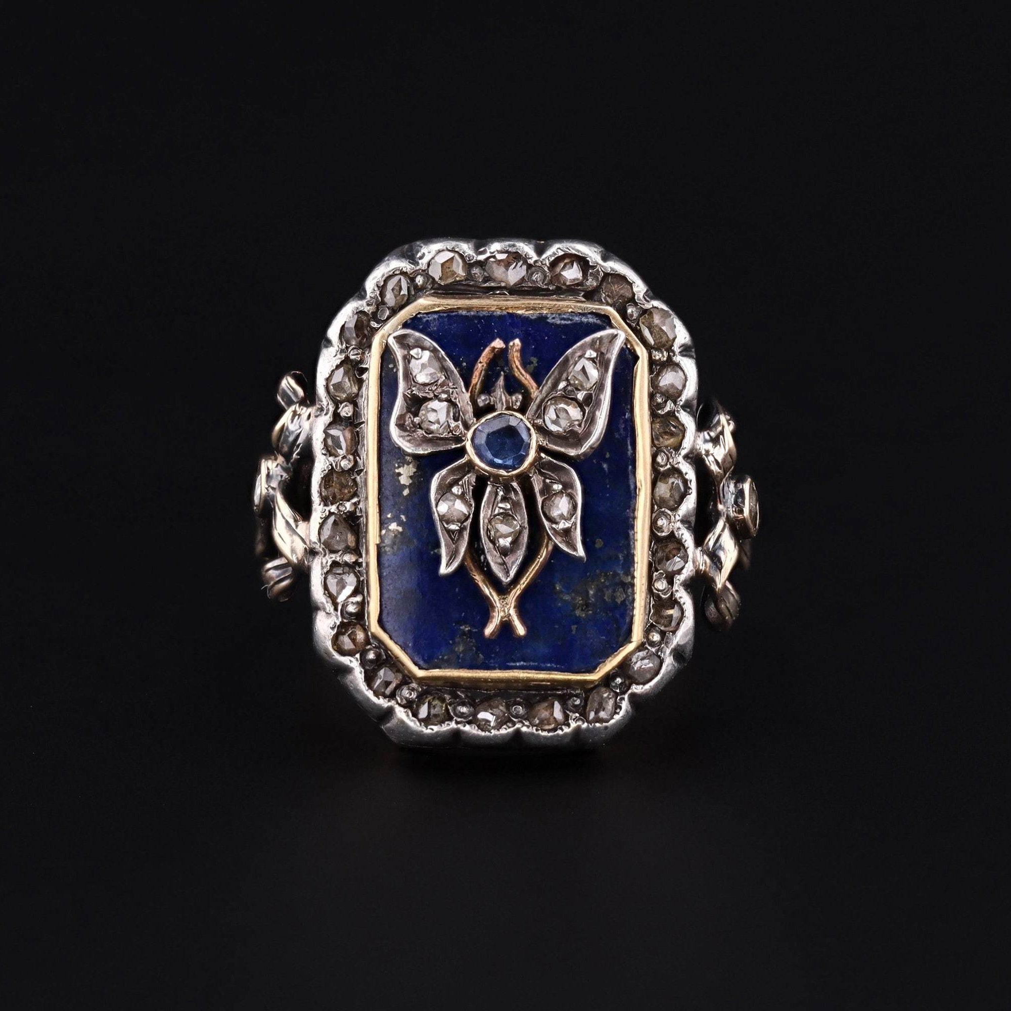 Antique Stick Pin Conversion Ring | Lapis and Diamond with Butterfly Ring - Trademark Antiques