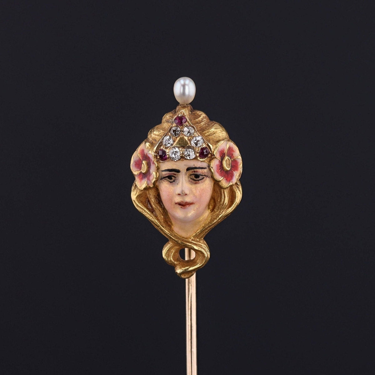 Antique Stickpin | Art Nouveau Enamel Woman Stickpin - Trademark Antiques