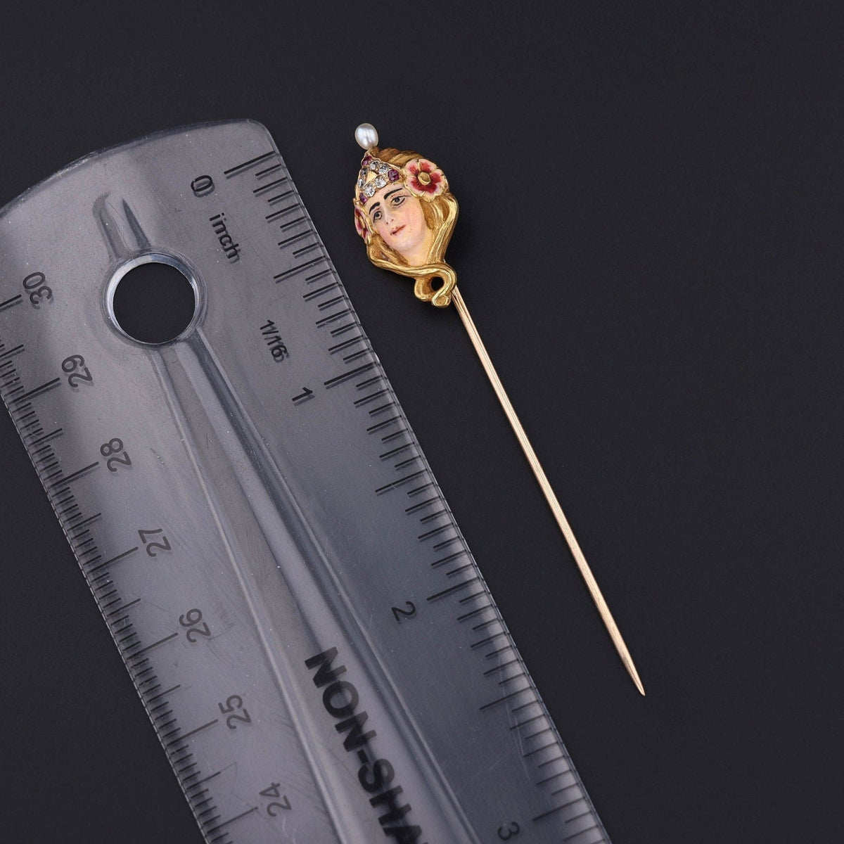 Antique Stickpin | Art Nouveau Enamel Woman Stickpin - Trademark Antiques