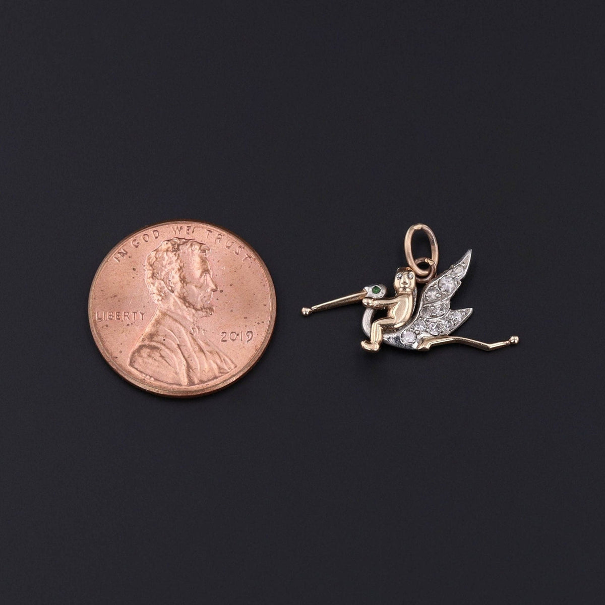 Antique Stork Charm of 14k Gold and Platinum - Trademark Antiques