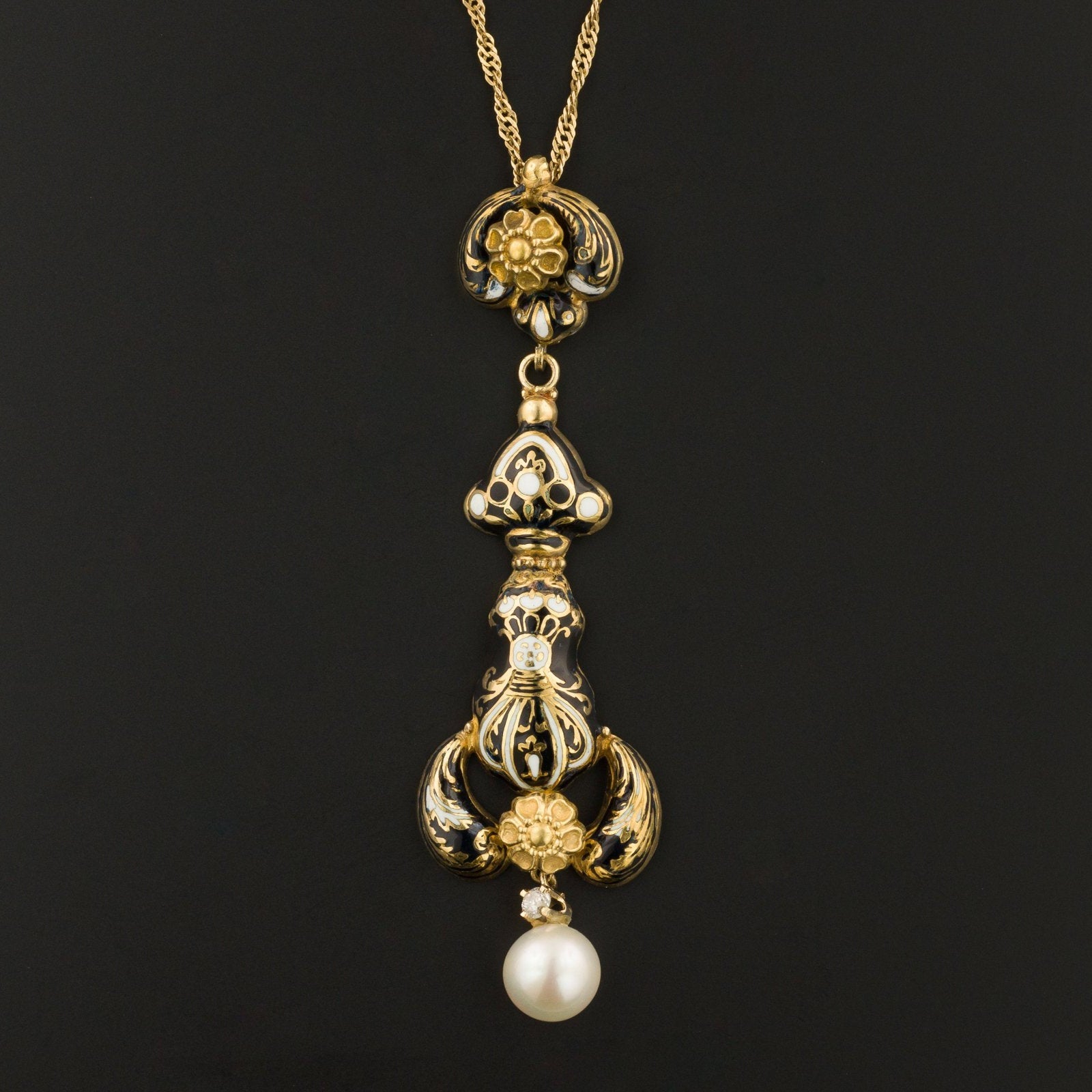 Antique Swiss Enamel & Pearl Necklace | 14k Gold Diamond Necklace - Trademark Antiques