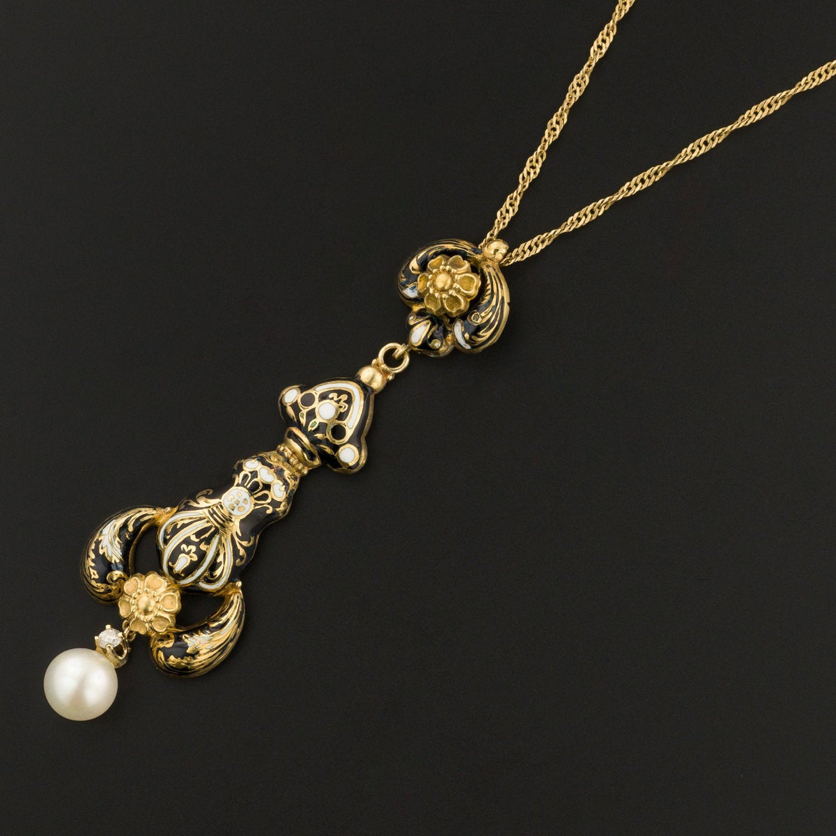 Antique Swiss Enamel &amp; Pearl Necklace | 14k Gold Diamond Necklace - Trademark Antiques