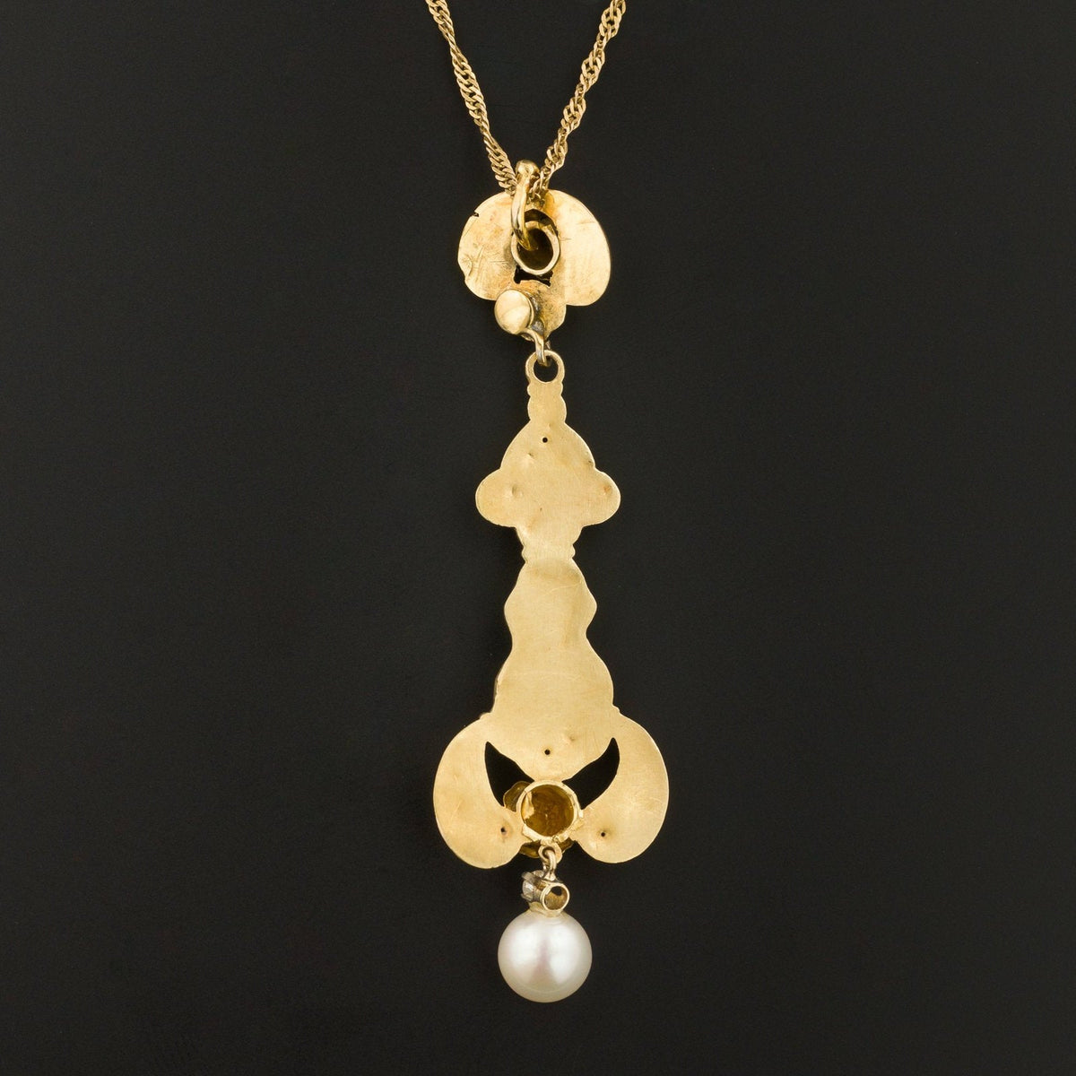 Antique Swiss Enamel &amp; Pearl Necklace | 14k Gold Diamond Necklace - Trademark Antiques