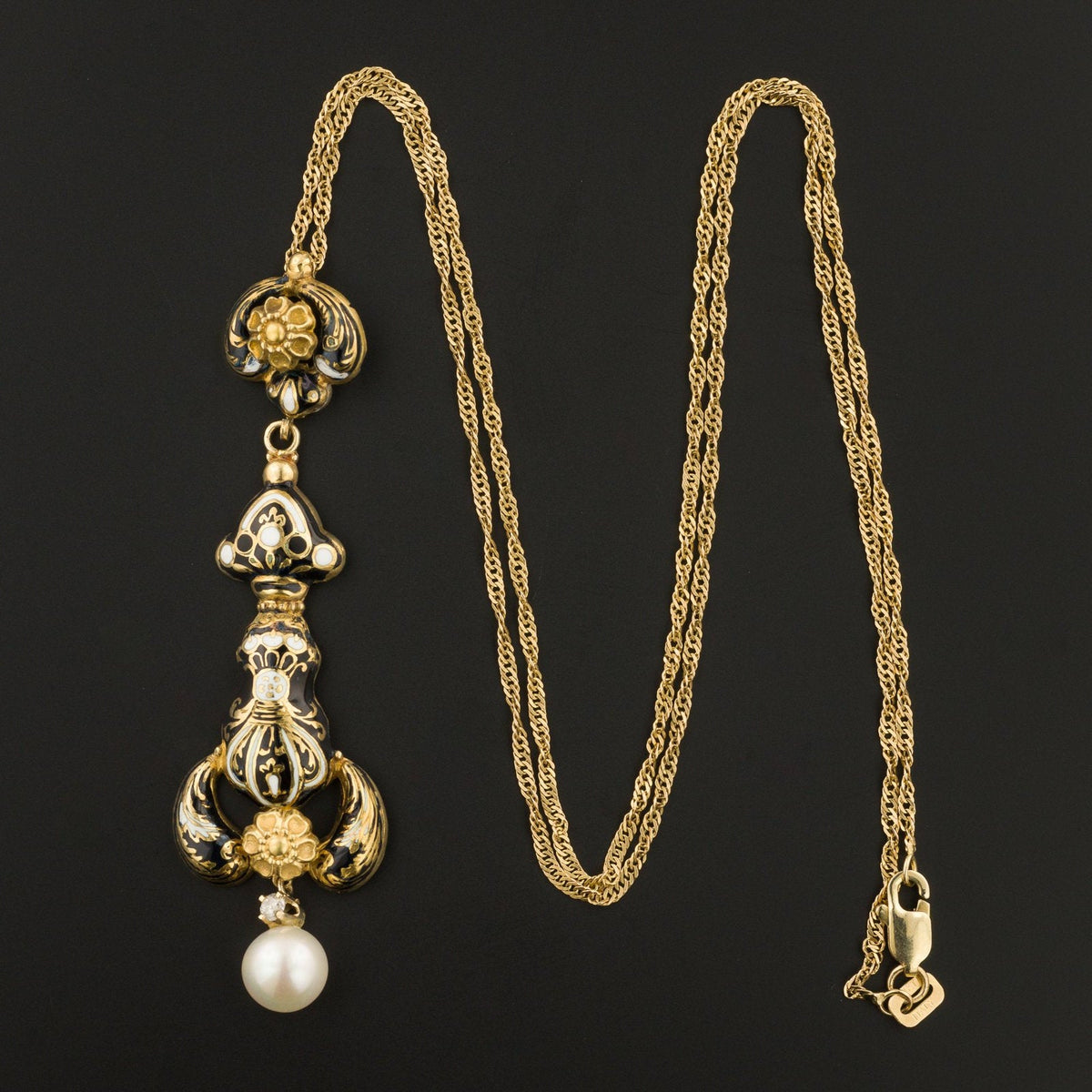Antique Swiss Enamel &amp; Pearl Necklace | 14k Gold Diamond Necklace - Trademark Antiques